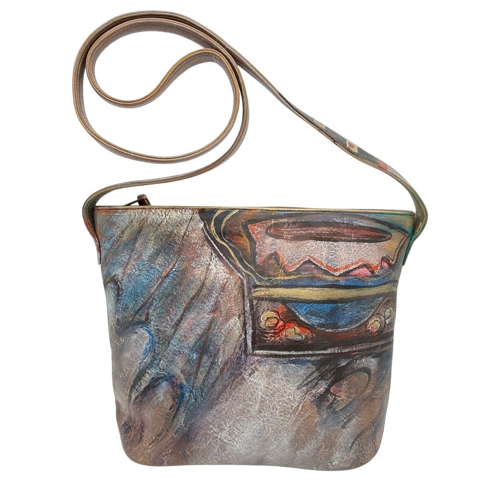 Jane Yoo Wearable Art Hand Painted Leather Crossbody Bag Vintage Artisan